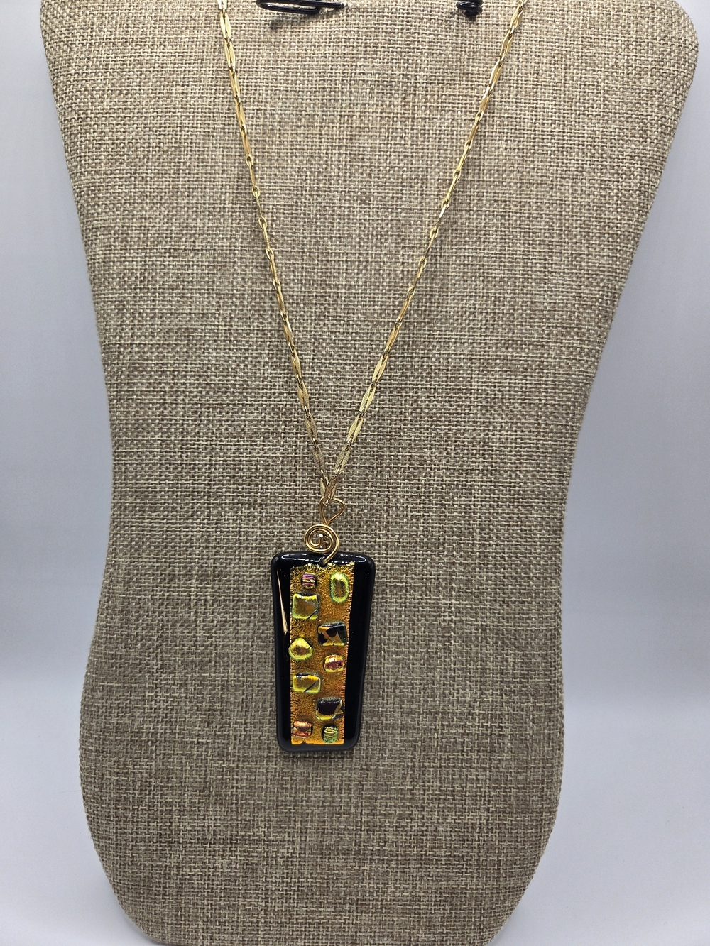 1600. Gold Tone and Black Fused Dichroic Glass Pendant Necklace